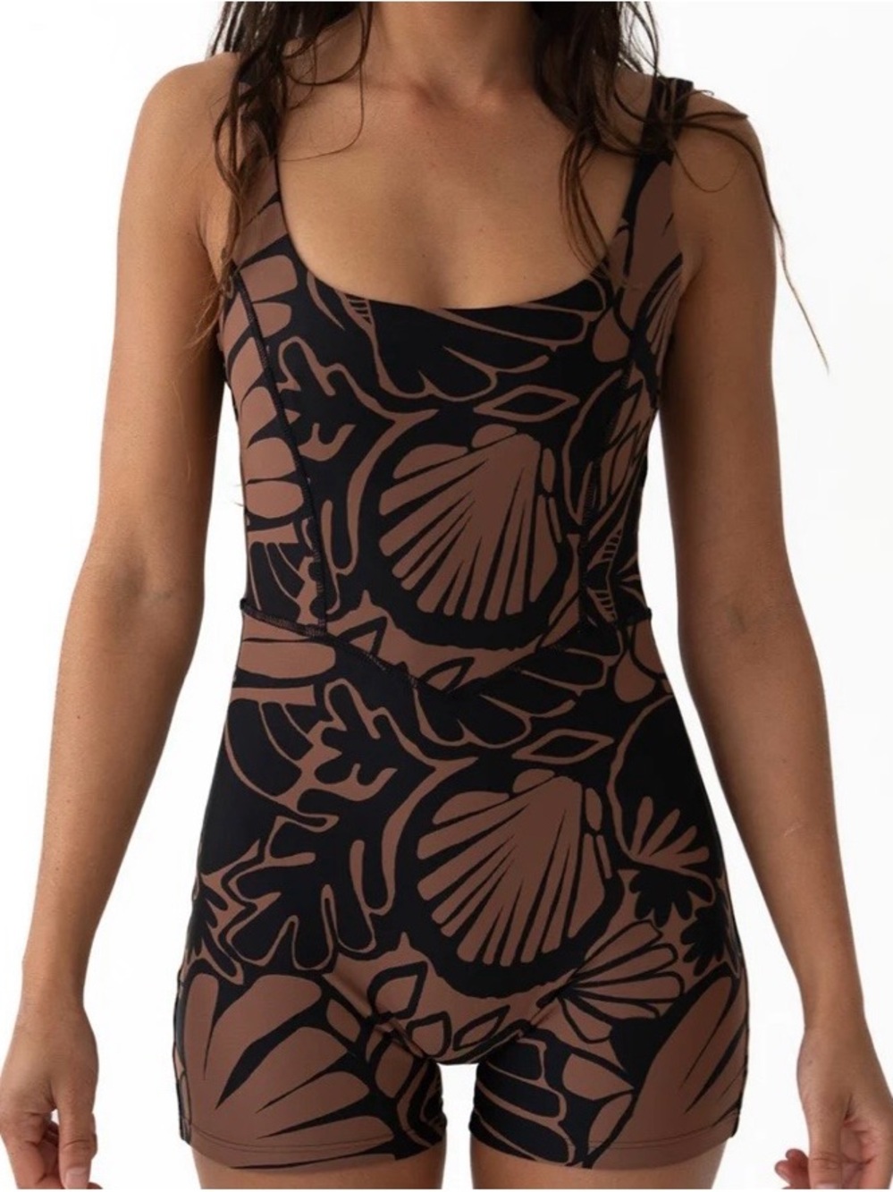 Salted Australia Scoop-Neck Black One-Piece Swimsuit with Brown Shell Print